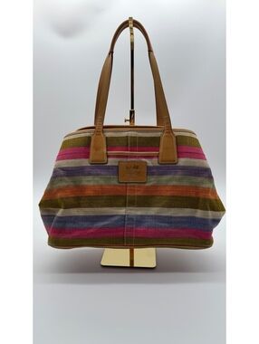 Coach Hamptons Multicolor Stripe Kisslock Tote Shoulder Bag 13487 Leather Trim